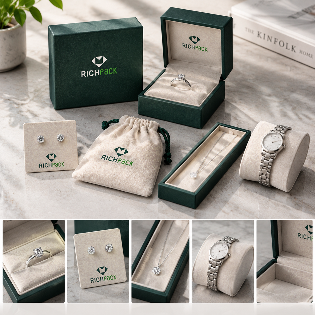 Jewelry packaging prototype showing inserts, slots, pillows, and clearance around real pieces.