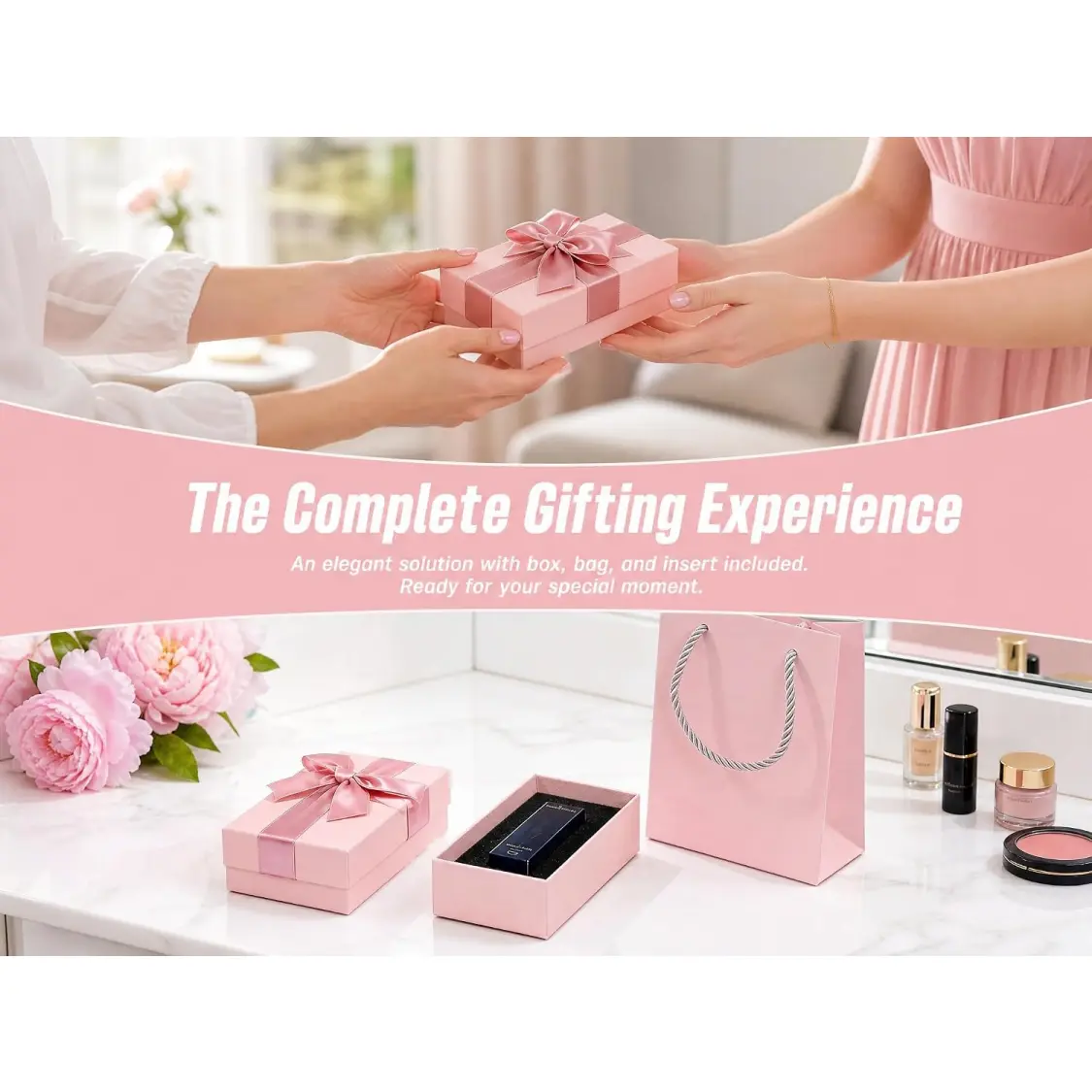 Luxury Packaging for Cosmetics | Pink Paper Gift Box with Satin Ribbon Bow, Protective Insert & Matching Gift Bag | Richpack - luxury packaging for cosmetics 4